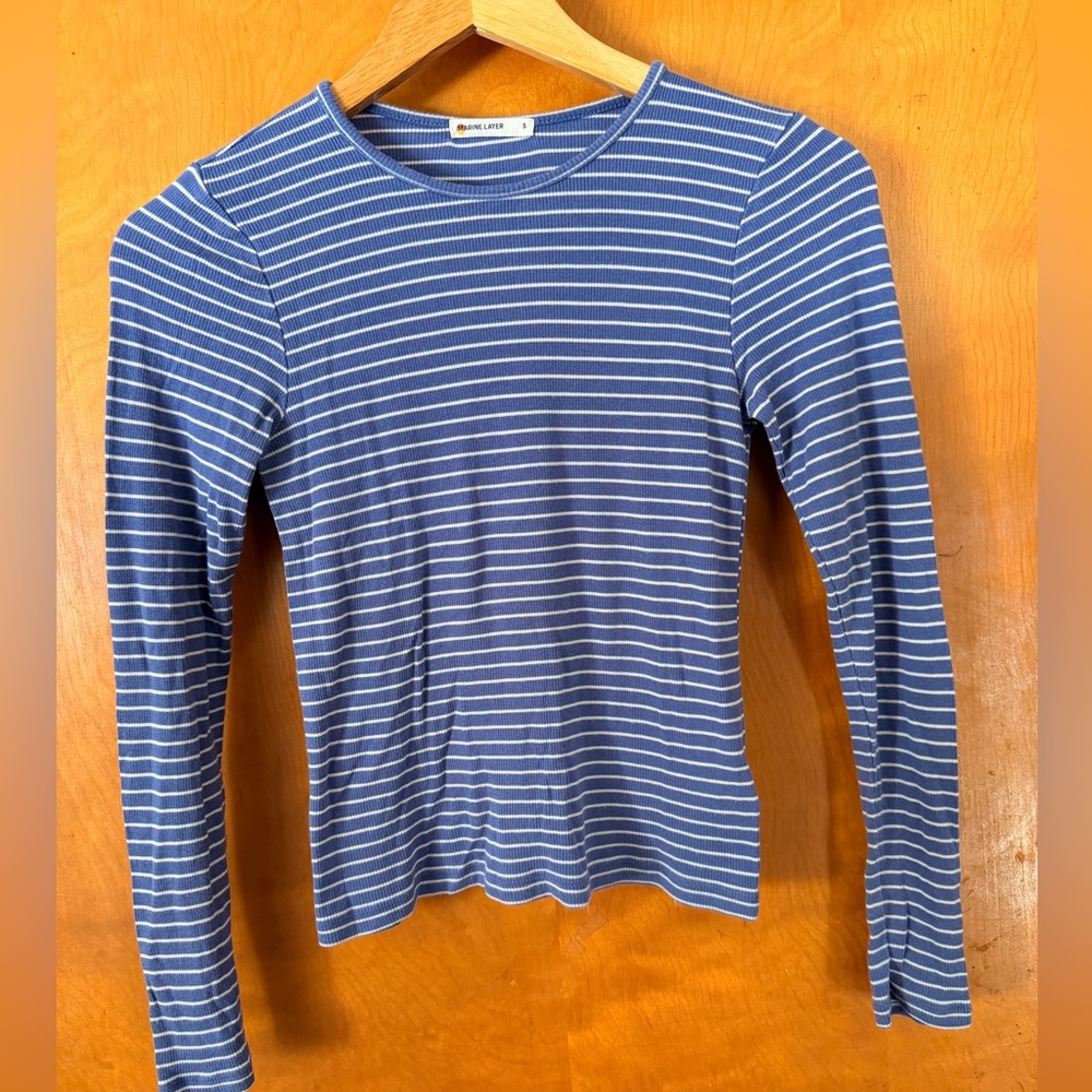 Marine Layer Ribbed Cotton Stripe Long Sleeve T-shirt, S, Blue and White